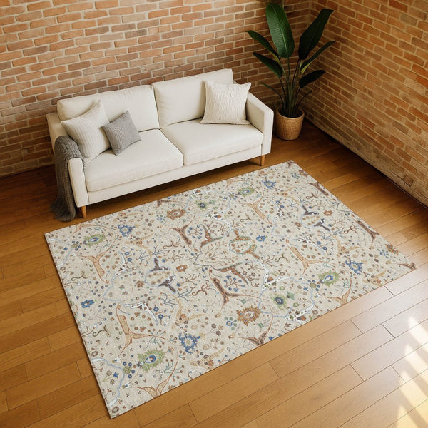 HomeRoots 8' X 10' Beige Green & Blue Floral Washable Area Rug – Durable, Stylish for Indoors & Outdoors! 640419