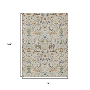 HomeRoots 9' X 12' Indoor Outdoor Floral Area Rug – Durable Beige, Green & Blue Design for High-Traffic Spaces 640420