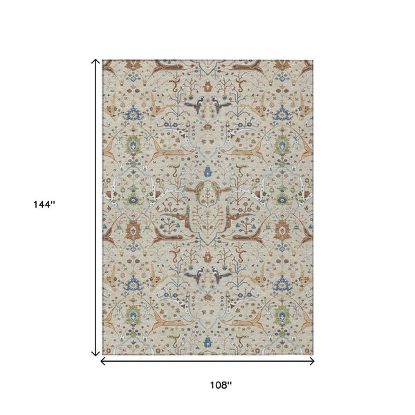 HomeRoots 9' X 12' Indoor Outdoor Floral Area Rug – Durable Beige, Green & Blue Design for High-Traffic Spaces 640420
