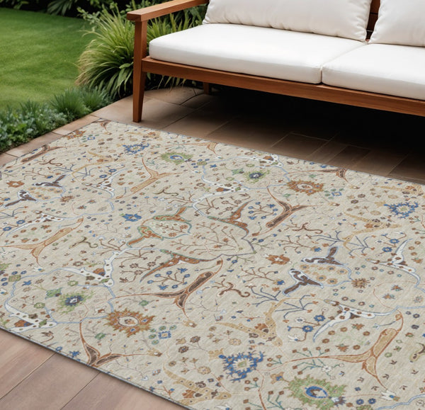 HomeRoots 9' X 12' Indoor Outdoor Floral Area Rug – Durable Beige, Green & Blue Design for High-Traffic Spaces 640420
