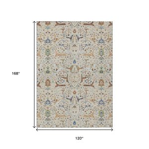 HomeRoots 10' Durable Floral Area Rug in Beige, Green & Blue - Washable for Indoor & Outdoor Use, Stain-Resistant 640421