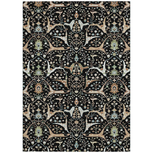 HomeRoots 5' X 8' Washable Floral Area Rug in Black, Ivory & Green - Durable & Stylish for Indoor/Outdoor Use 640423