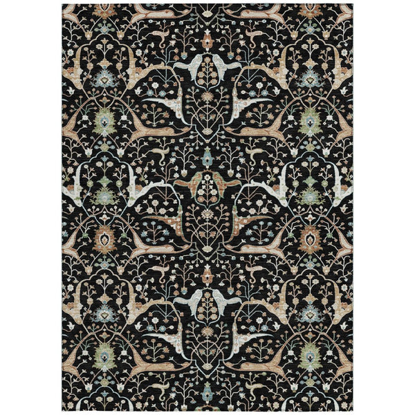 HomeRoots 5' X 8' Washable Floral Area Rug in Black, Ivory & Green - Durable & Stylish for Indoor/Outdoor Use 640423