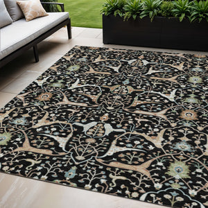 HomeRoots 5' X 8' Washable Floral Area Rug in Black, Ivory & Green - Durable & Stylish for Indoor/Outdoor Use 640423