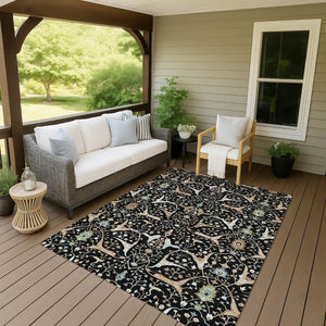 HomeRoots 5' X 8' Washable Floral Area Rug in Black, Ivory & Green - Durable & Stylish for Indoor/Outdoor Use 640423