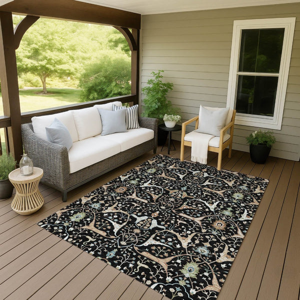 HomeRoots 5' X 8' Washable Floral Area Rug in Black, Ivory & Green - Durable & Stylish for Indoor/Outdoor Use 640423