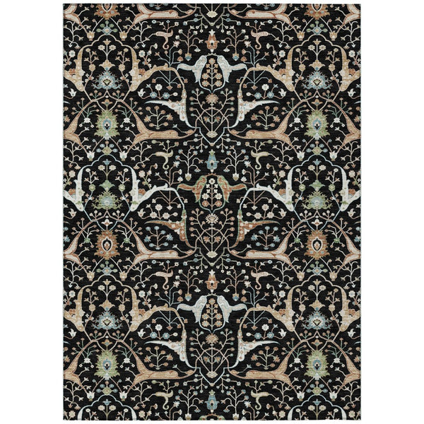 HomeRoots 5' X 8' Washable Floral Area Rug in Black, Ivory & Green - Durable & Stylish for Indoor/Outdoor Use 640423