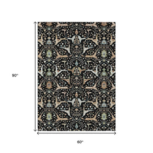 HomeRoots 5' X 8' Washable Floral Area Rug in Black, Ivory & Green - Durable & Stylish for Indoor/Outdoor Use 640423