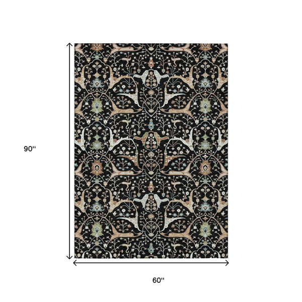 HomeRoots 5' X 8' Washable Floral Area Rug in Black, Ivory & Green - Durable & Stylish for Indoor/Outdoor Use 640423