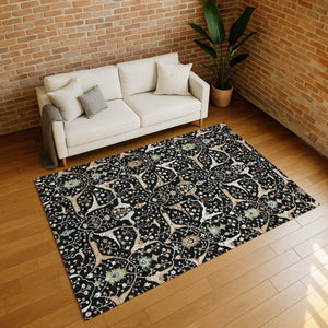 HomeRoots 5' X 8' Washable Floral Area Rug in Black, Ivory & Green - Durable & Stylish for Indoor/Outdoor Use 640423