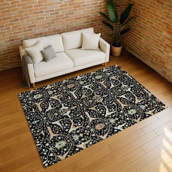 HomeRoots 5' X 8' Washable Floral Area Rug in Black, Ivory & Green - Durable & Stylish for Indoor/Outdoor Use 640423