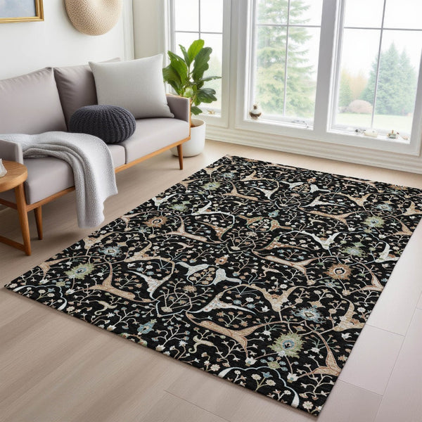 HomeRoots 5' X 8' Washable Floral Area Rug in Black, Ivory & Green - Durable & Stylish for Indoor/Outdoor Use 640423