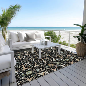 HomeRoots 5' X 8' Washable Floral Area Rug in Black, Ivory & Green - Durable & Stylish for Indoor/Outdoor Use 640423
