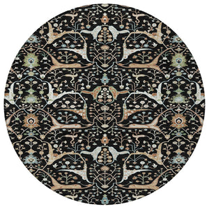 HomeRoots 8' Elegant Round Floral Rug – Black, Ivory & Green – Durable, Washable for Indoor & Outdoor Spaces 640424