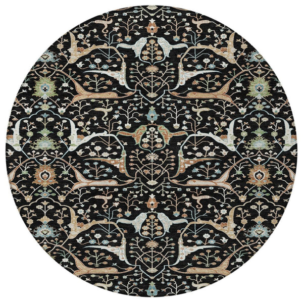 HomeRoots 8' Elegant Round Floral Rug – Black, Ivory & Green – Durable, Washable for Indoor & Outdoor Spaces 640424