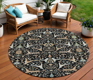 HomeRoots 8' Elegant Round Floral Rug – Black, Ivory & Green – Durable, Washable for Indoor & Outdoor Spaces 640424