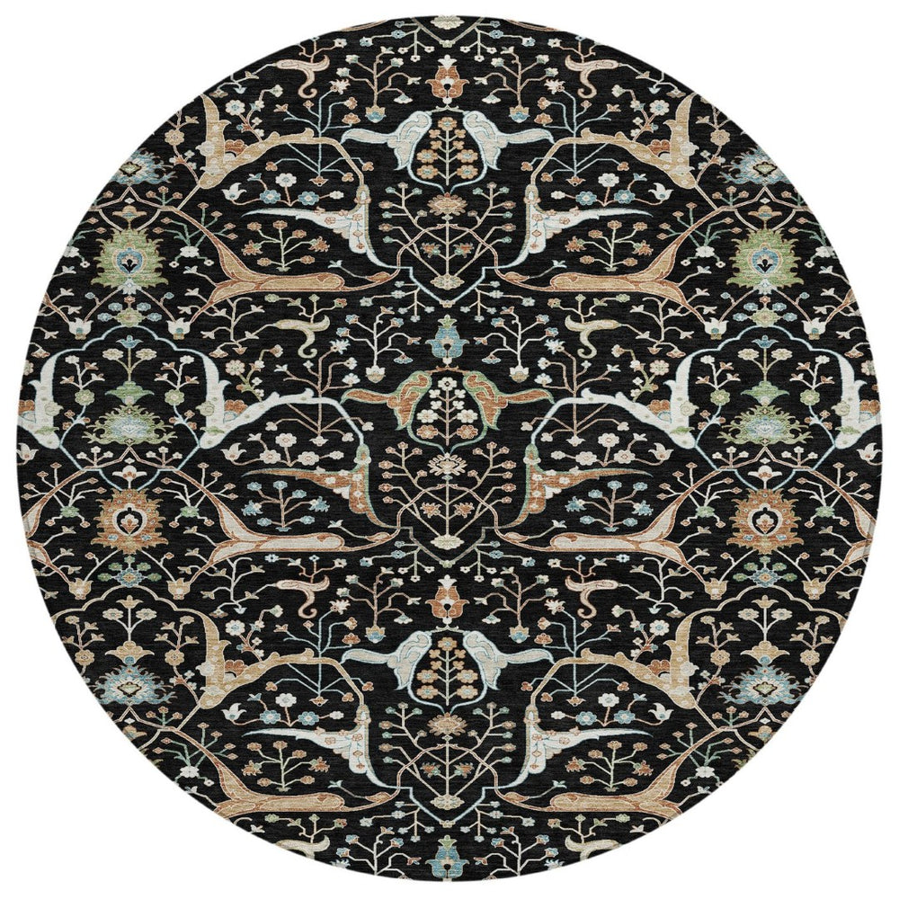 HomeRoots 8' Elegant Round Floral Rug – Black, Ivory & Green – Durable, Washable for Indoor & Outdoor Spaces 640424