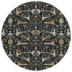 HomeRoots 8' Elegant Round Floral Rug – Black, Ivory & Green – Durable, Washable for Indoor & Outdoor Spaces 640424