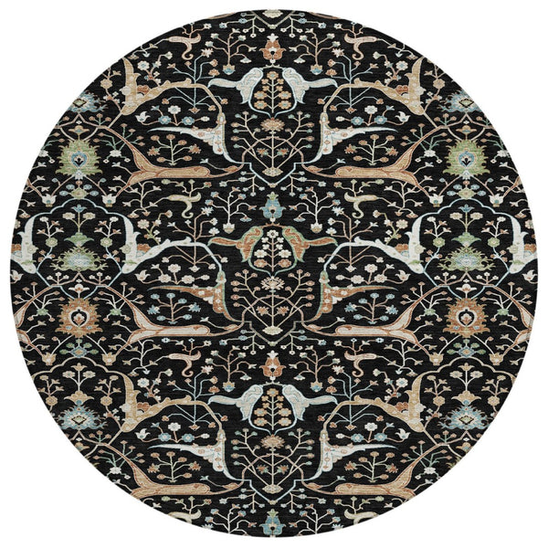 HomeRoots 8' Elegant Round Floral Rug – Black, Ivory & Green – Durable, Washable for Indoor & Outdoor Spaces 640424