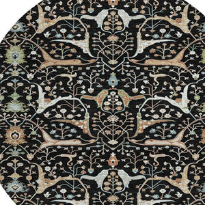 HomeRoots 8' Elegant Round Floral Rug – Black, Ivory & Green – Durable, Washable for Indoor & Outdoor Spaces 640424