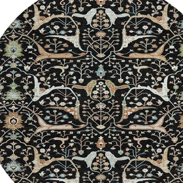 HomeRoots 8' Elegant Round Floral Rug – Black, Ivory & Green – Durable, Washable for Indoor & Outdoor Spaces 640424