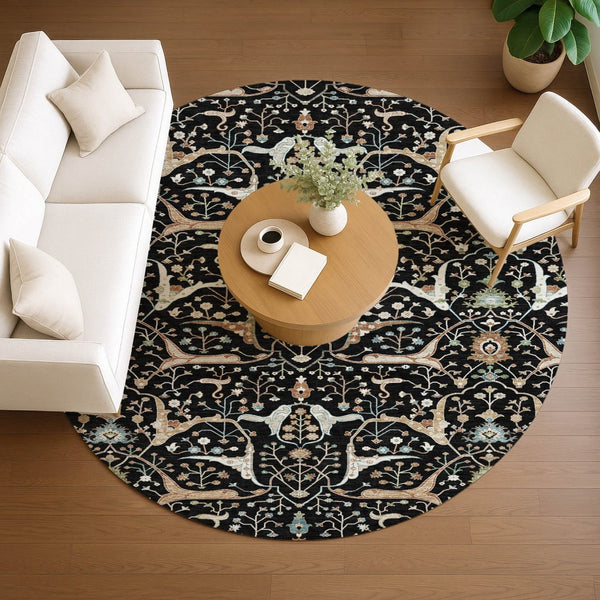 HomeRoots 8' Elegant Round Floral Rug – Black, Ivory & Green – Durable, Washable for Indoor & Outdoor Spaces 640424