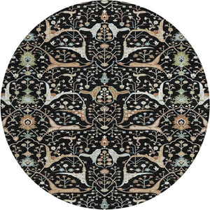 HomeRoots 8' Elegant Round Floral Rug – Black, Ivory & Green – Durable, Washable for Indoor & Outdoor Spaces 640424