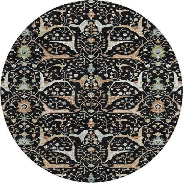 HomeRoots 8' Elegant Round Floral Rug – Black, Ivory & Green – Durable, Washable for Indoor & Outdoor Spaces 640424