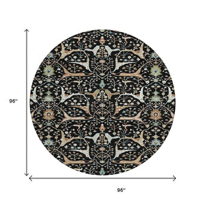 HomeRoots 8' Elegant Round Floral Rug – Black, Ivory & Green – Durable, Washable for Indoor & Outdoor Spaces 640424