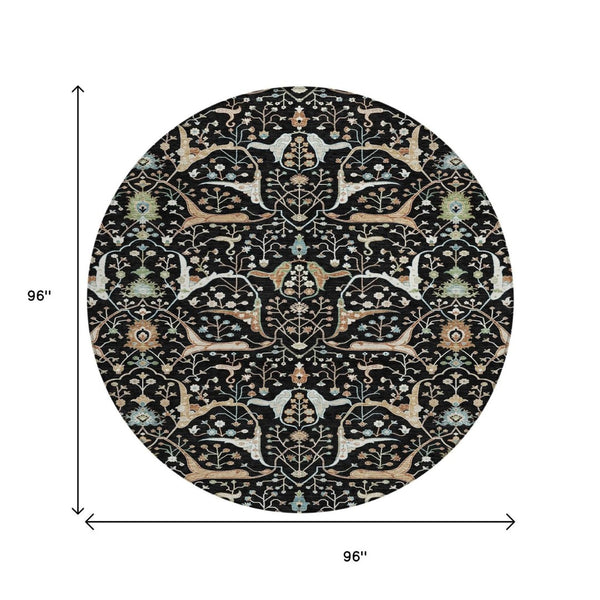 HomeRoots 8' Elegant Round Floral Rug – Black, Ivory & Green – Durable, Washable for Indoor & Outdoor Spaces 640424