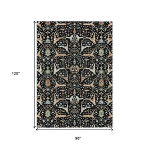 HomeRoots 8' X 10' Floral Washable Area Rug - Durable Black, Ivory & Green Design for Indoors & Outdoors 640425