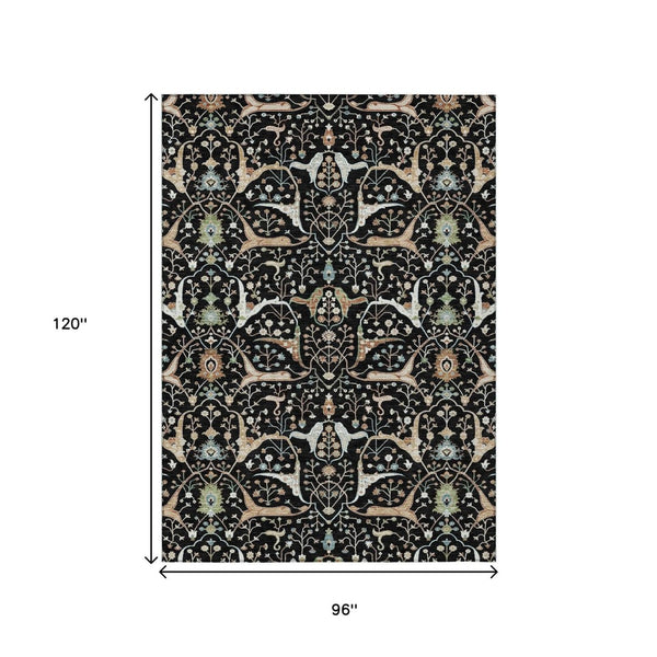 HomeRoots 8' X 10' Floral Washable Area Rug - Durable Black, Ivory & Green Design for Indoors & Outdoors 640425
