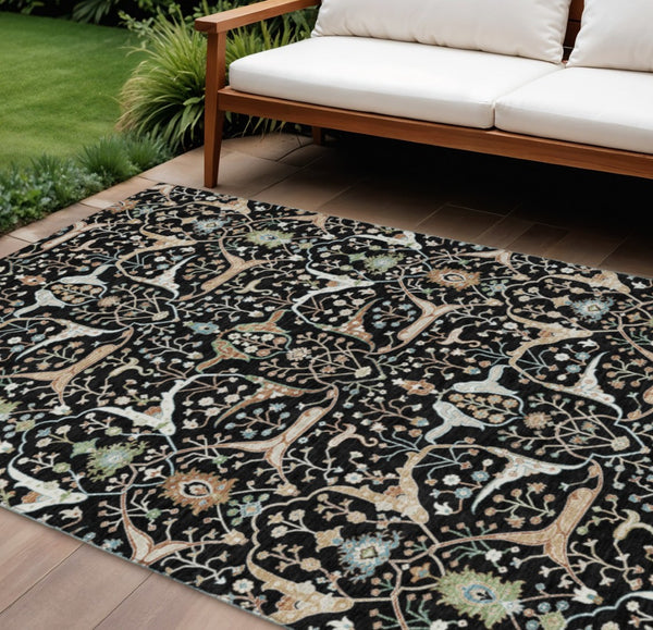 HomeRoots 9' X 12' Floral Washable Area Rug - Durable Black, Ivory & Green Design Perfect for Indoor & Outdoor Use 640426