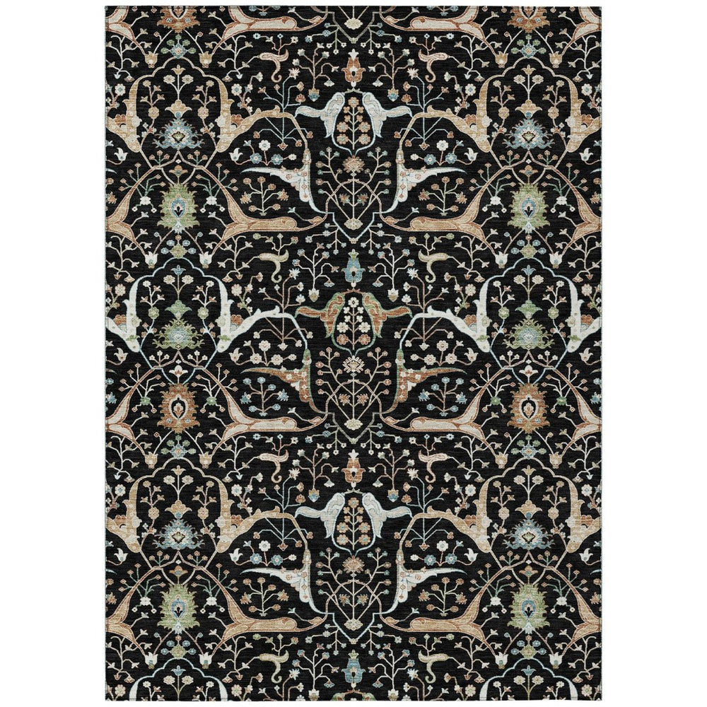 HomeRoots 9' X 12' Floral Washable Area Rug - Durable Black, Ivory & Green Design Perfect for Indoor & Outdoor Use 640426