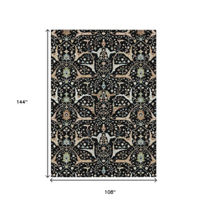 HomeRoots 9' X 12' Floral Washable Area Rug - Durable Black, Ivory & Green Design Perfect for Indoor & Outdoor Use 640426