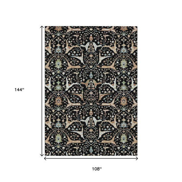 HomeRoots 9' X 12' Floral Washable Area Rug - Durable Black, Ivory & Green Design Perfect for Indoor & Outdoor Use 640426