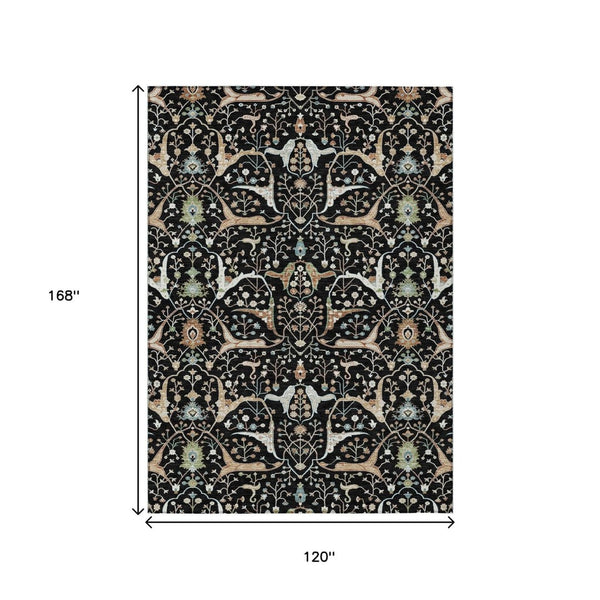 HomeRoots 10' Black Ivory Green Floral Washable Area Rug – Durable, Stylish, Perfect for Indoor & Outdoor Use! 640427