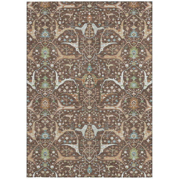HomeRoots 5' X 8' Floral Washable Area Rug - Durable Brown, Green & Ivory Design for Indoor/Outdoor Spaces 640429