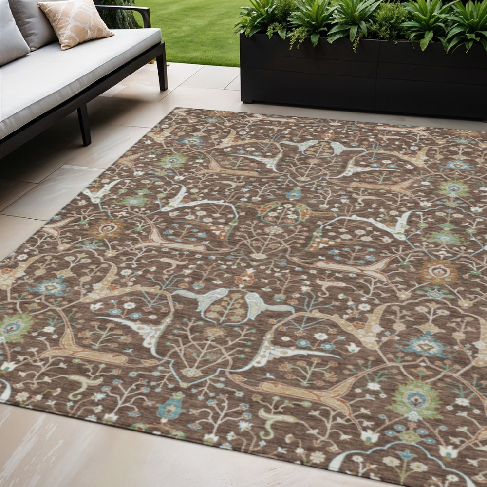 HomeRoots 5' X 8' Floral Washable Area Rug - Durable Brown, Green & Ivory Design for Indoor/Outdoor Spaces 640429
