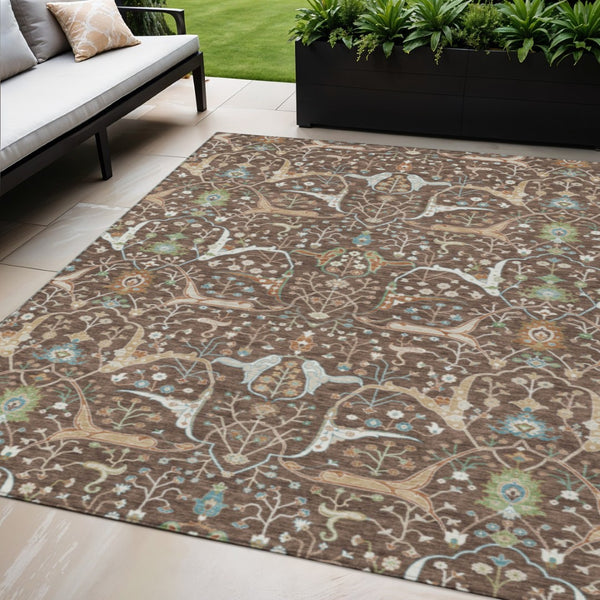 HomeRoots 5' X 8' Floral Washable Area Rug - Durable Brown, Green & Ivory Design for Indoor/Outdoor Spaces 640429