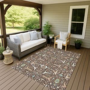 HomeRoots 5' X 8' Floral Washable Area Rug - Durable Brown, Green & Ivory Design for Indoor/Outdoor Spaces 640429