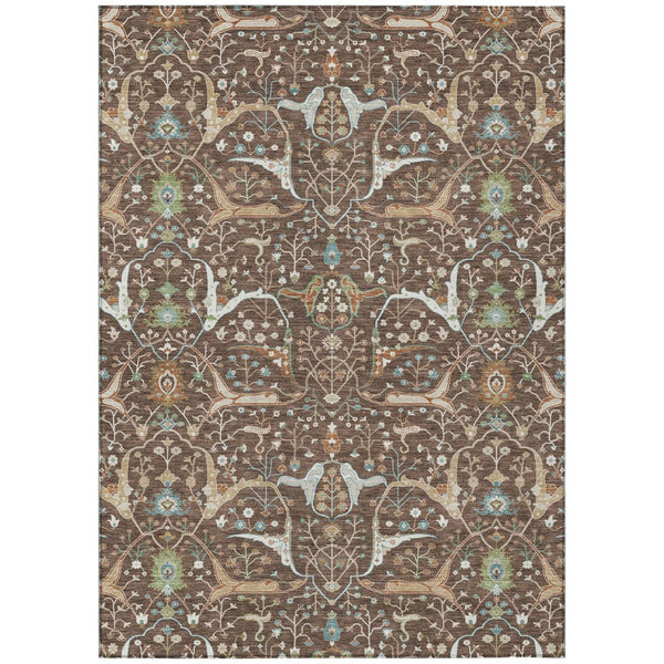 HomeRoots 5' X 8' Floral Washable Area Rug - Durable Brown, Green & Ivory Design for Indoor/Outdoor Spaces 640429