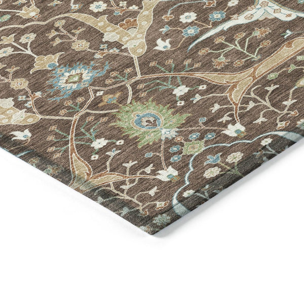 HomeRoots 5' X 8' Floral Washable Area Rug - Durable Brown, Green & Ivory Design for Indoor/Outdoor Spaces 640429