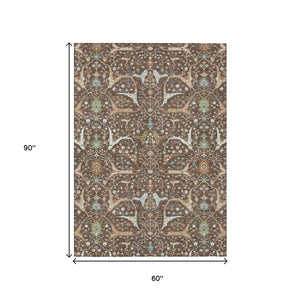 HomeRoots 5' X 8' Floral Washable Area Rug - Durable Brown, Green & Ivory Design for Indoor/Outdoor Spaces 640429