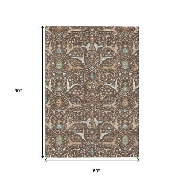 HomeRoots 5' X 8' Floral Washable Area Rug - Durable Brown, Green & Ivory Design for Indoor/Outdoor Spaces 640429