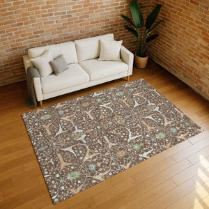 HomeRoots 5' X 8' Floral Washable Area Rug - Durable Brown, Green & Ivory Design for Indoor/Outdoor Spaces 640429