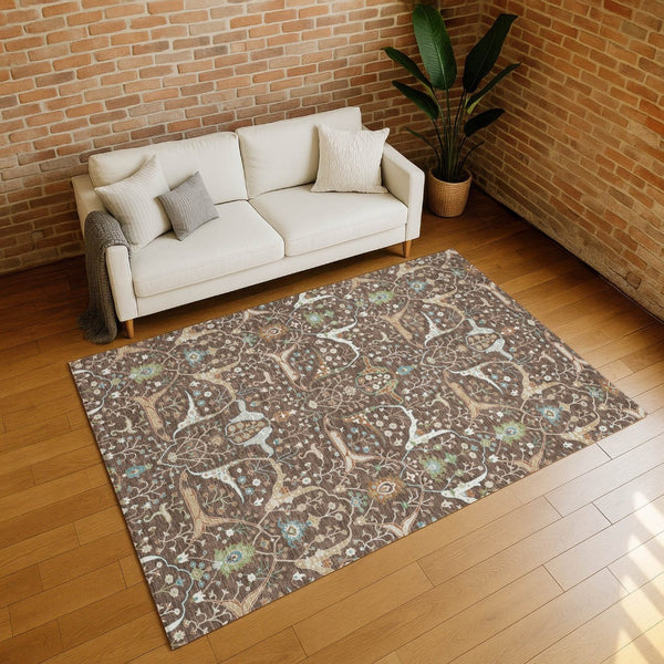 HomeRoots 5' X 8' Floral Washable Area Rug - Durable Brown, Green & Ivory Design for Indoor/Outdoor Spaces 640429