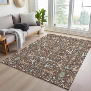HomeRoots 5' X 8' Floral Washable Area Rug - Durable Brown, Green & Ivory Design for Indoor/Outdoor Spaces 640429