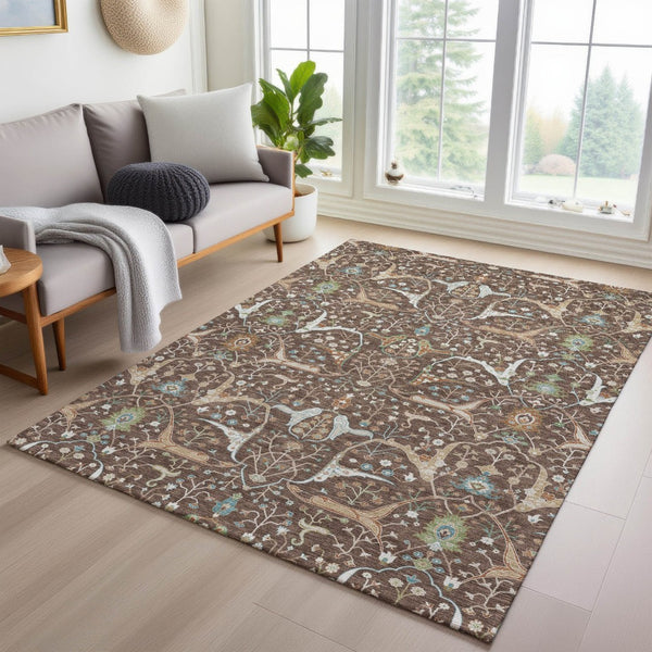 HomeRoots 5' X 8' Floral Washable Area Rug - Durable Brown, Green & Ivory Design for Indoor/Outdoor Spaces 640429