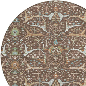 HomeRoots 8' Floral Area Rug - Durable Brown, Green & Ivory Design for Indoor/Outdoor Use, Machine Washable! 640430